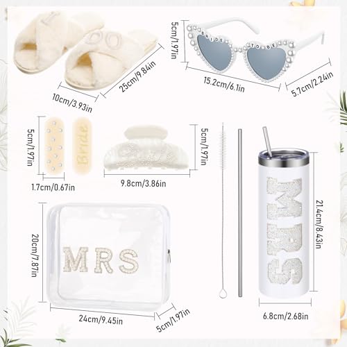 9 Pcs Bride to Be Gifts Set Include 20 oz Stainless Steel Tumbler, I Do Slippers, Makeup Bag, Claw Clip, Heart Sunglasses, 4 Tiny Hair Clip for Wedding Bridal Shower Bachelorette Party(White)2