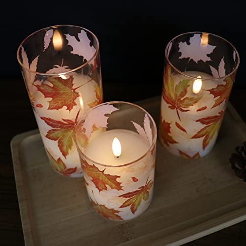 Image of GenSwin Glass Maple Leaf Flameless Candles with Remote Timers, Battery Operated LED Flickering Candles, Real Wax Pillar Candles Christmas Wedding Decoration