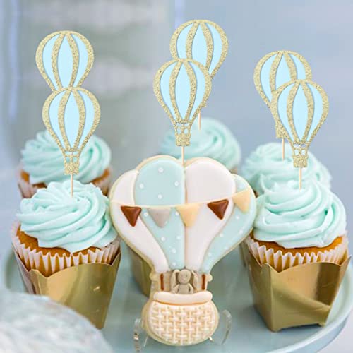 12Pcs Hot Air Balloon Cupcake Topper - Glitter Cupcake Topper , Baby Shower Decorations , Birthday Party Supplies , Retirement/Travel/Graduation Theme Party Decor (Hot Air Balloon Cupcake Topper Blue) #TOP3