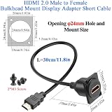 QIANRENON HDMI 2.0 Panel Mount HD Display Short Cable Adapter 4K@60Hz HDMI 2.0 Męski na żeński Przegroda Stałe mocowanie HDTV Kabel przedłużający, zamontowany panel XLR/D-Sub Panel Dashboard, 30 cm
