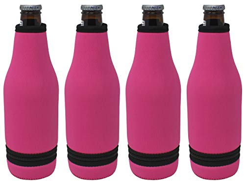 TahoeBay 4 Beer Bottle Sleeves - Easy-On Bottom Zipper - Extra Thick Neoprene Blank Drink Cooler (Hot Pink, 4)