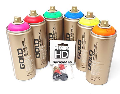 Montana Gold Sprühdosen Set, 6 Neon Farben + 10 Ersatzsprühköpfe - 6 x 400ml