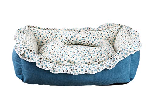 Mipopkct ペットベッド 犬小屋 かわいい花柄プリント 犬 猫 マット 取り外し可能 洗える (ブルー)