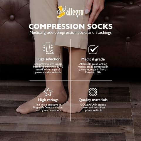 Image of Allegro Women's Sheer Compression Pantyhose 20-30 mmHg Firm Support Hosiery | Light control top with double plush waistband and reciprocated heel plus balloon toe and ventilated crotch for daily comfort.