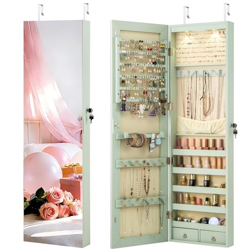 NAFORT Organizador de joyas con espejo de 2 LED, armario de joyería de longitud completa sin bordes de 47.5 pulgadas, armario de joyería montado en la pared con cerradura, caja de almacenamiento de