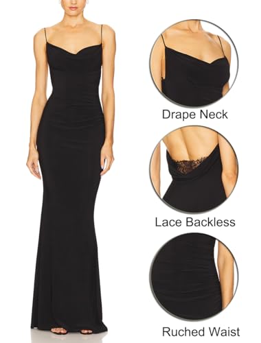 Capuffy Women Drape Neck Formal Maxi Dresses Lace Backless Cocktail Party Dress Spaghetti Straps Mermaid Evening Gown 2213