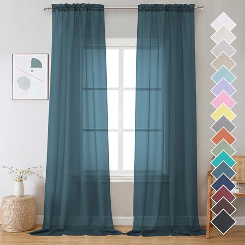 Image of OVZME Dusty Blue Sheer Curtains 108 Inches Long, Light Filtering Semi Transparent Lightweight Voile Rod Pocket Window Curtains for for Yard, Patio, Villa, Parlor, W42 x L108, Set of 2 Panels