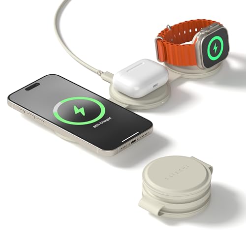 Satechi OntheGo™ 3 in 1 Wireless Charger, Qi2 Portable Charger with 15W Fast Charging for iPhone 17 to 12 Series, 5W for Apple Watch, and 5W for AirPods, Magnetic Travel Charging Station – Sand