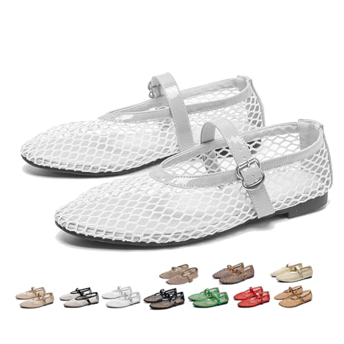 Women's Mesh Ballet Flats Breathable Fishnet Mary Jane Shoes with Buckle Strap,Comfortable Round Toe Ballerinas for Office Casual Dress