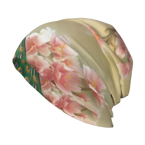 Gorro de punto con estampado de pavo real oriental en flor y árbol, para adultos, cálido, casual, para calle, al aire libre, negro, talla única