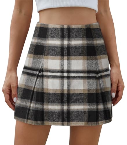 Women's Plaid Mini Skirt Zipper Side High Waisted Pleated A Line Short Skirt