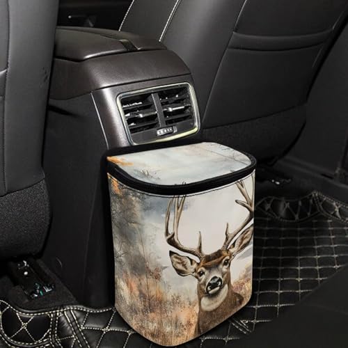 Image of Talayituse Deer Forest Print Car Trash Bin, Large Size Auto Trash Can Adjustable Portable Garbage Can with Lid, Vehicle Hanging Bag for Headrest Front Back Seat