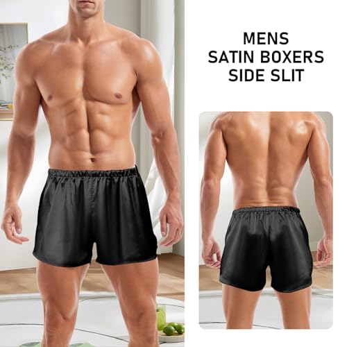 Mens Satin Boxers 3 Inch Inseam Silk Shorts Sexy Underwear Pajama Bottoms Large Split Sides3