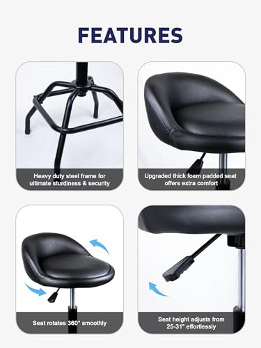 Image of Garage Shop Stool, Height Adjustable Work Stool, Swivel Bar Stool (Black) | Counter Height Barstool for Garage, Shop, Kitchen, Bar | 25-31'' Height, Foam-Padded 360 Swivel Seat, 330lbs Weight Capacity