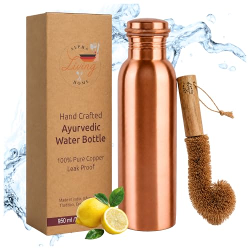 Image of Alpha Living Home Pure Copper Water Bottle 32 Oz Extra Large Wide Mouth Leak Proof Drinking Bottle with Brush, Ayurvedic Reusable Metal Bottle for Travel Office Gym, Pure Copper