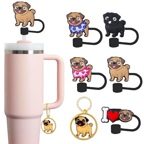 Pug Straw Topper, 10mm (0.4in) Cute Dog Straw Topper, Covers for Stanley Cup - Pug Accessories, Decor, Stuff, Things, Birthday Decoration, Gifts for Lovers, Women, Kids, Girls
