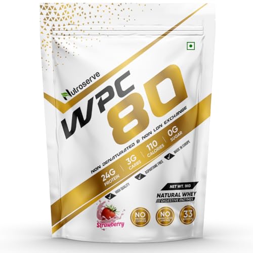 Image of WPC 80 Whey Protein Concentrate Powder | 24g Protein, 3g Carbs, 0g Sugar, Natural Whey with Digestive Enzymes (Strawberry, 1kg)