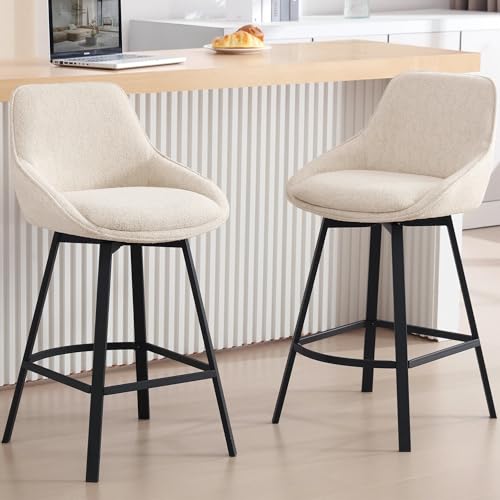 Image of Zesthouse Swivel Bar Stools Set of 2, 26'' Modern Counter Height Bar Stools with Low Backs & Metal Legs, Upholstered Metal Counter Height Chairs, Beige Linen Fabric Island Chairs for Kitchen Counter
