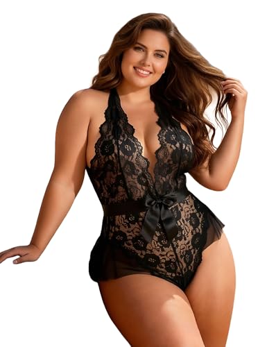 ohmydear Body Femme Dentelle Grandes Tailles Lingerie Sexy Transparent Sous-vêtements Décolleté en V Dos Nu Licou Teddy Babydoll Nuisette Tenue Sexy Femme Hot Jumpsuit