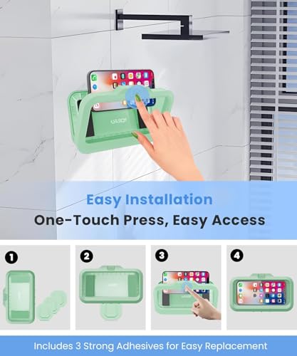 Image of URROY Shower Phone Holder Waterproof One-Touch Open Shower Phone Case Anti-Fog & Sensitive Touchscreen Bathroom Wall Phone Mount Stand Universal Fit for iPhone & Smartphones Gift for Men Women Green