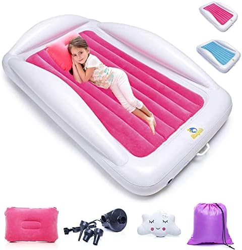 Sleepah Inflatable Toddler Travel Bed – Inflatable & Portable Bed Air Mattress Set –Blow up Mattress for Kids with High Safety Bed Rails. Set Includes Pump, Case, Pillow & Plush Toy (Coral)