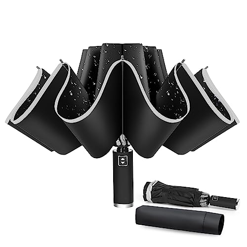 Travel Inspira Inverted Folding Umbrella With Reflective Stripes, Reverse Umbrella Automatic Open And Close For Rain Windproof Upf 50+Uv 10 Rib Upside Down Umbrella For Backpack Car Compact(Black) #TOP28