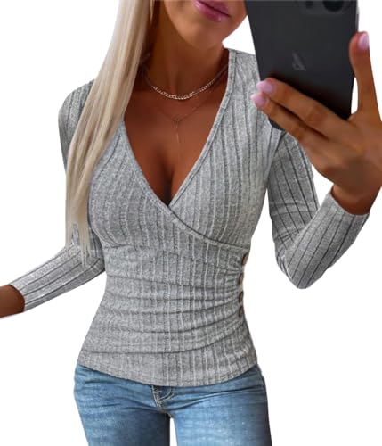 shownicer Damen Strickpullover Herbst Outfit Figurbetont Pullover Langarm Damen Sweatshirt Sexy V-Ausschnitt Elegant A Grau S shownicer Damen Strickpullover Herbst Outfit Figurbetont Pullover Langarm Damen Sweatshirt Sexy V-Ausschnitt Elegant A Grau S