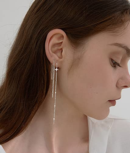 Sluynz 925 Sterling Silver Star Long Dangle Earrings Chain For Women Teen Girls Line Earrings Tassel Chain (A-Silver) #TOP2