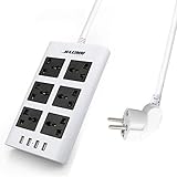 Maximm Surge Protector Flat Power Strip 6 Universal Outlets with 4 USB Ports, Desktop Charging Station, 4000W/10-16A Multiplug (6.5 ft, White) w/ (Type C) EU Plug