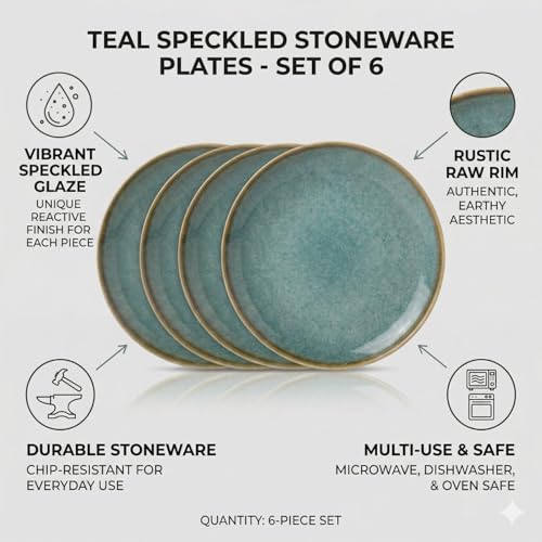 Image of Freakway Handcrafted Stoneware Ceramic Dinner Plates, Teal Reactive Glaze, 25.4 cm, Microwave & Dishwasher Safe, Set of 6
