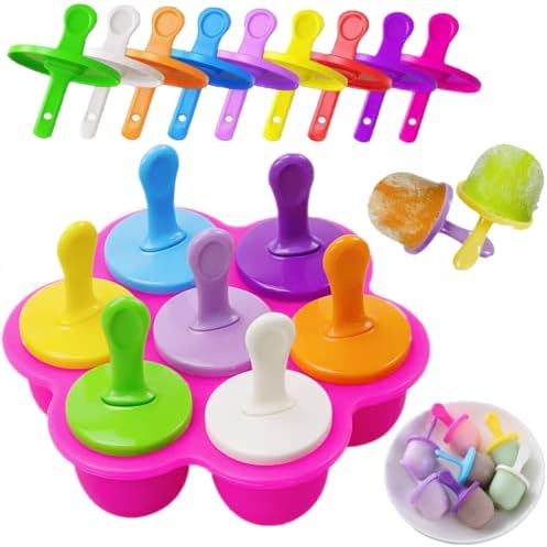 Silicone Popsicle Molds Mini 7-Cavity DIY Ice Pop Mold With Colorful Sticks and Drip-guards Baby Food Storage Container Reusable Non-Stick Food Grade Popsicle Makers (Rose Red)