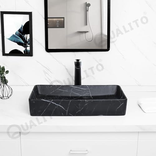 Image of QUALITO Designer Table Top Wash Basin for Bathroom, Living Room, Hall, Dinning Room | Big Size Ceramic Vessel Sink /Basin | Matt Finish Marble Vanity Basin (24x14x5 Inch, Livon)