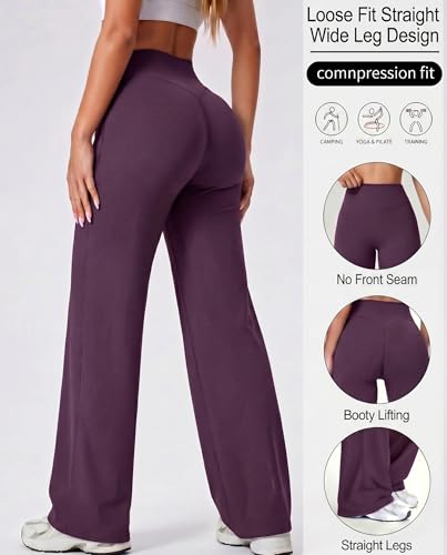 Image of Coume 2 Pack Women Workout Leggings Straight Wide Leg No Front Seam Yoga Gym Pants High Waist Buttery Soft Stretch Leggings