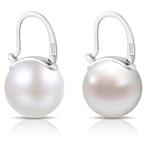 925 Sterling Silver Simulated Shell Pearl Earrings for Women Trendy, Big Pearl Drop Earrings Leverback Stud,Large Pearl Hoop Dangle Hypoallergenic Jewelry 14mm