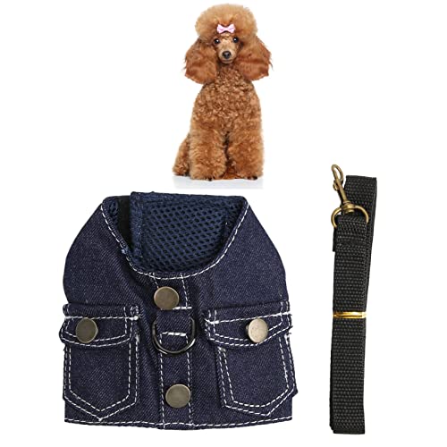 Hundegeschirr aus Denim, Welpengeschirr aus weichem Mesh mit Nylonleine für kleine Hunde und Katzen (L)