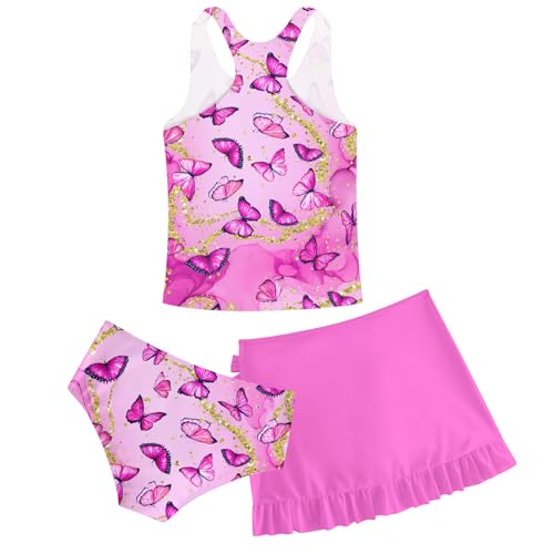 Girls Swimsuits 3 Piece Tankini Bathing Suit Set Cute Bikini Swimwear with Cover Ups Beach Skirt 5-16 Years