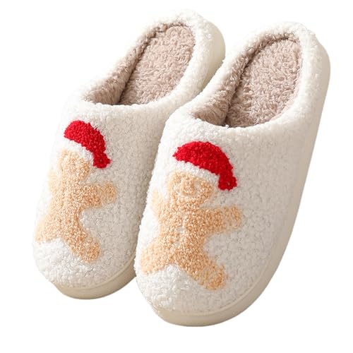 Christmas Slippers for Women, Cute House Shoes with Reindeer, Santa Claus, Gingerbread Man, Xmas Tree, Adult Fluffy Winter Home Slides for Couples, Kawaii Fuzzy Cozy
