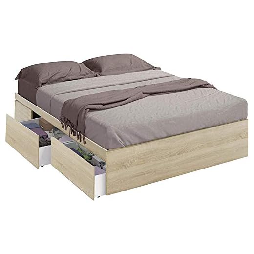 cama matrimonio completa Mobelcenter – Cama con 4 cajones Kendra para colchones de 150x190 cm - Cama de Matrimonio Acabado Color Roble Canadian – Medidas: Ancho: 156 cm x Fondo: 196 cm x Alto: 37 cm (Roble Canadian) - (1104)