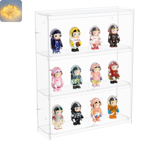 Nynelly Vitrina de acrílico transparente de 3 estantes con puerta, estante de exhibición de pared para modelos, figuras, Funko Pop, Pop Mart, Labubu, Sonny Angel, Smiski, caja de exhibición a prueba