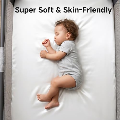 Image of 2 Pack 38 inchx26 inch Satin Pack and Play Sheets Fitted, Silky Feeling Great for Baby Hair, Soft Playard Protector, Skin-Friendly Mini Crib Mattress Cover (White and Gray)