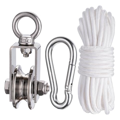 KCNOFNC 40mm Umlenkrolle mit 2 Kugellager Fitness flaschenzug mit 10m Nylon Seile und ClipUmlenkrollen für 8mm Seile Stahlseil Tragkraft 200kg 1 Stück