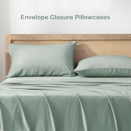 Image of Andency Sage Green Queen Sheets Set 100% Viscose Derived from Bamboo | Cooling Summer Sheets, Deep Pocket Up to 16 inch, Silky Soft Hotel Luxury Breathable Bedding Sheets & Pillowcases