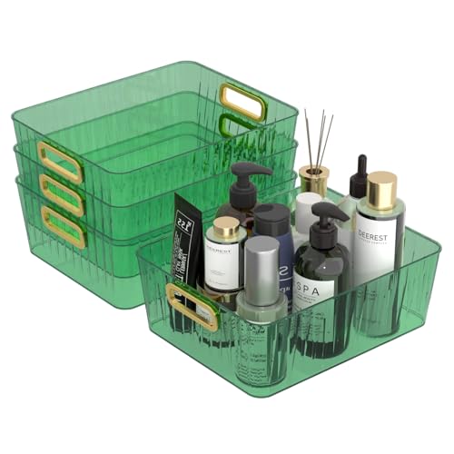 Vadidiya Clear Storage Organizer Bins, Plastic Cosmetic Storage Bin, Green, 4 Packs