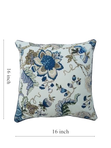 Image of Cotton Cushion Covers 16x16 Inch - Hand Block Floral Print Pillow Covers for Sofa, Couch & Bedroom (Pack of 5) (Light Blue Floral)