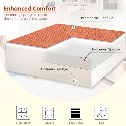 Image of 110 inch Chenille Sectional Sofa w /Pull Out Bed &Storage Chaise, Orange | Reversible U Shape Sofa w /Storage Armrests & Cup Holders, Corner Couch w /USB Charging Port & Throw Pillows for Living Room