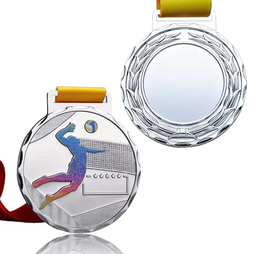 TROMEDENWS 1/6/12 Pcs Gold Silver Bronze Volleyball Medals with Neck Ribbons for Awards 2.75 Inches 1st 2nd 3rd Award Medals for Sports Competitions Olympic Style Volleyball Games (12 Silvery)