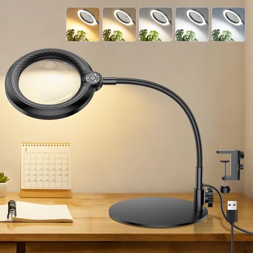 30X 10X Magnifying Glass with Light and Stand, 90 LED 5 Color Modes Stepless Dimmable, Hands-Free Lighted Magnifying Glass Desk Lamp for Close Work Craft Hobby Painting Sewing Jewelry Reading, Round