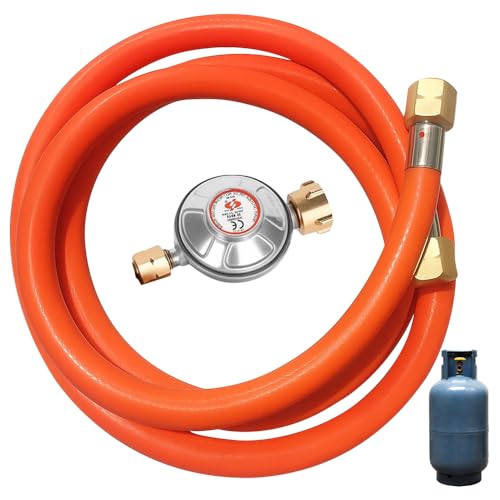 KBIBCK Regulador de presión de Gas 50 mbar, Manguera de Gas de 150 cm, Rosca Externa de 1/4' -19 LH, más Manguera de Gas Flexible de 150cm, Ideal para Parrillas a Gas y Estufas de Camping