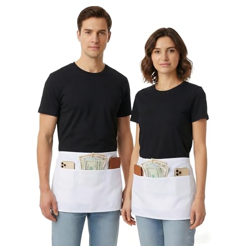 Image of BOHARERS Waist Apron with 3 Pockets 3 Pack - White Waitress Server Short Apron