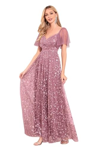 Long Tulle Evening Gowns A Line Floral Appliques Formal Party Dresses for Women Mauve M